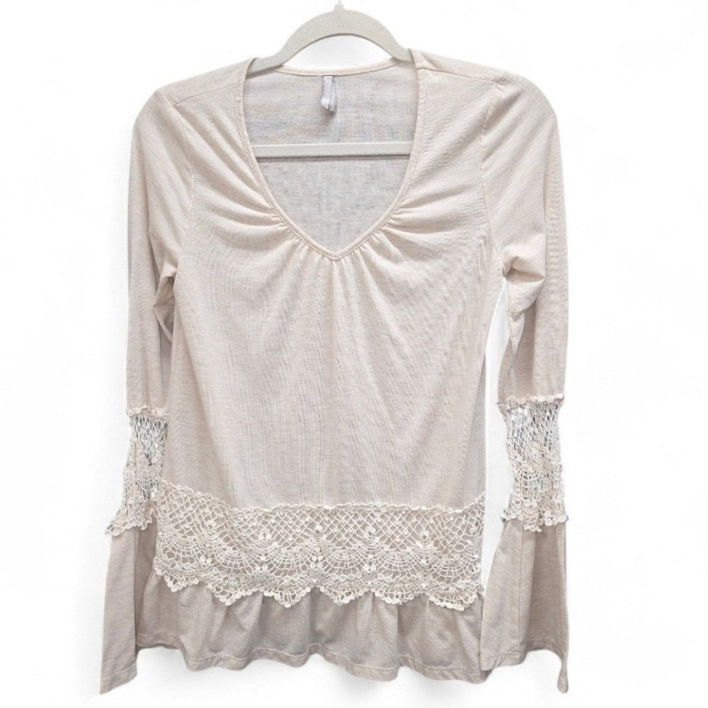 Vanity Boho Lace Trim Top Small Cream Beige V-Neck Long Sleeve Cottagecore  Soft
